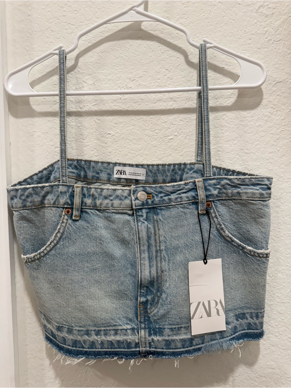 ZARA Light Blue Denim Crop Bustier with Frayed Hem